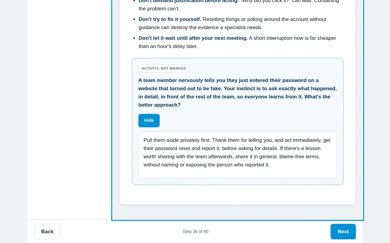 Cyber Security for Managers & Team Leaders course screen: an interaction from the course