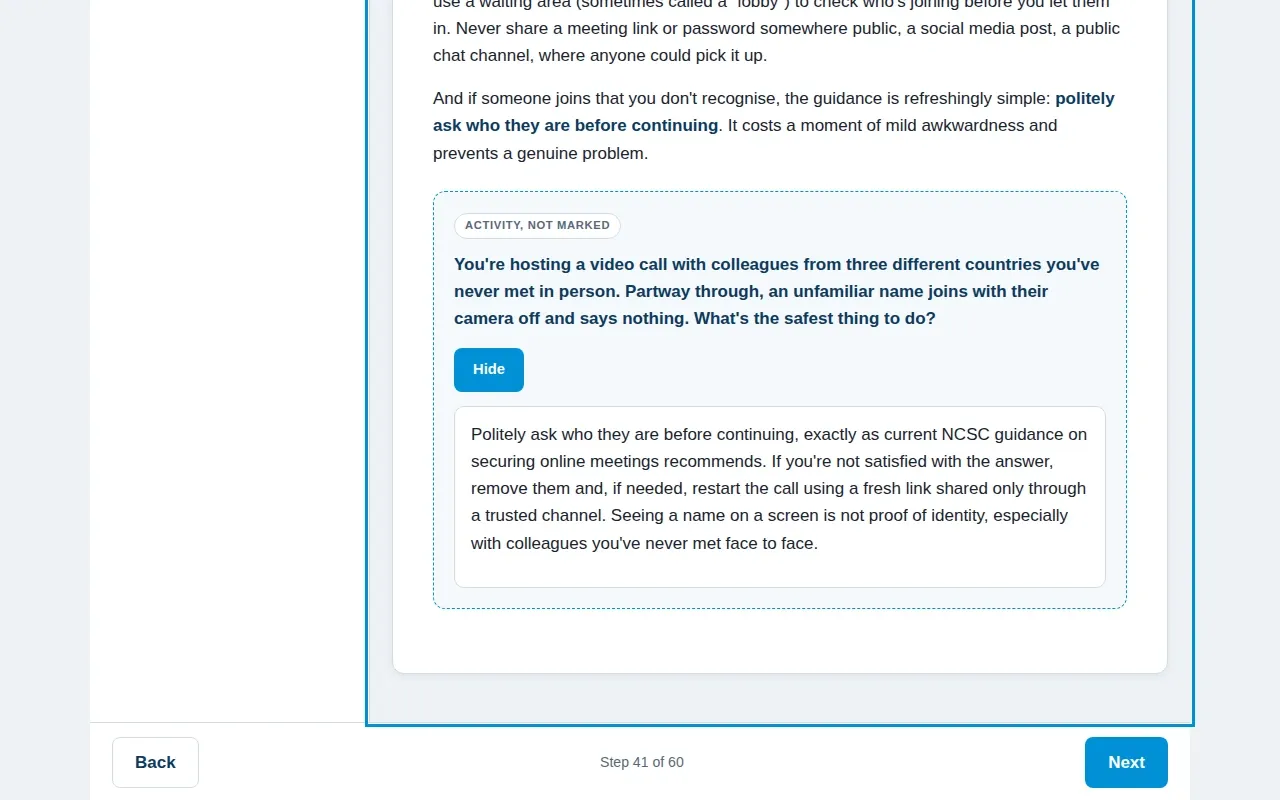 Cyber Security for Remote & Hybrid Workers course screen: an interaction from the course