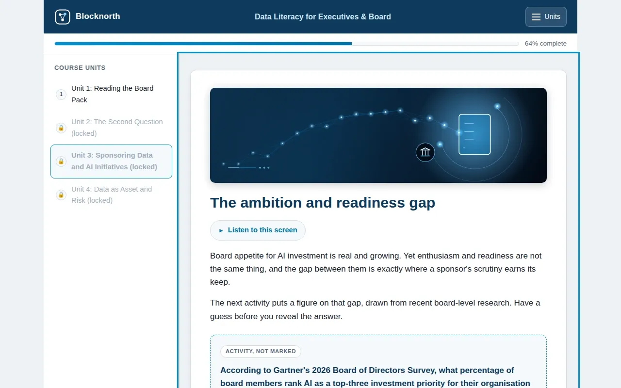 Data Literacy for Executives & Board course screen: an interaction from the course