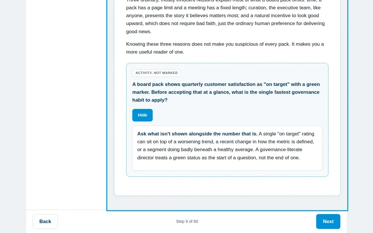 Data Literacy for Executives & Board course screen: an interaction from the course