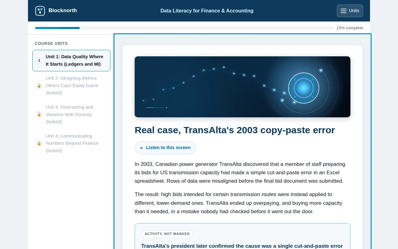 Data Literacy for Finance & Accounting course screen: an interaction from the course