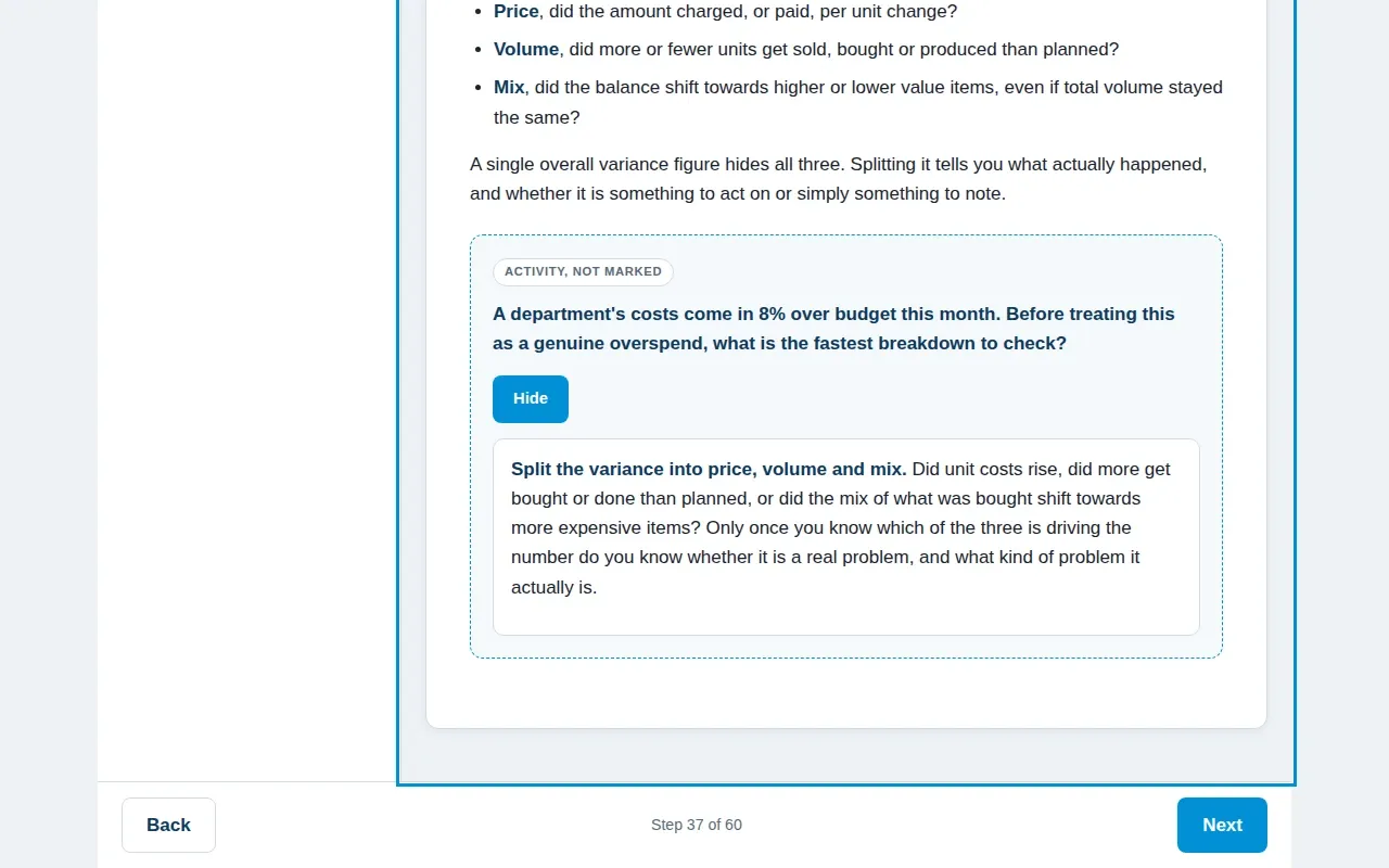 Data Literacy for Finance & Accounting course screen: an interaction from the course