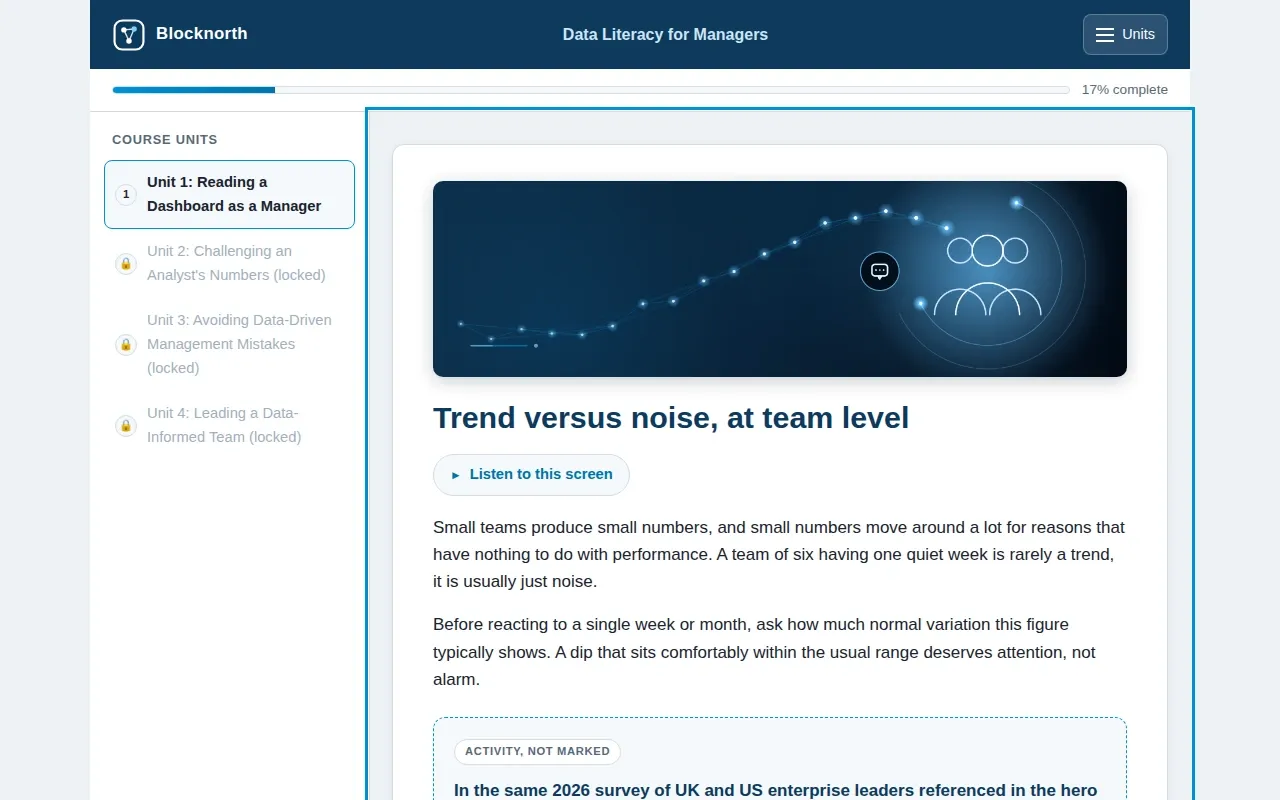 Data Literacy for Managers course screen: an interaction from the course