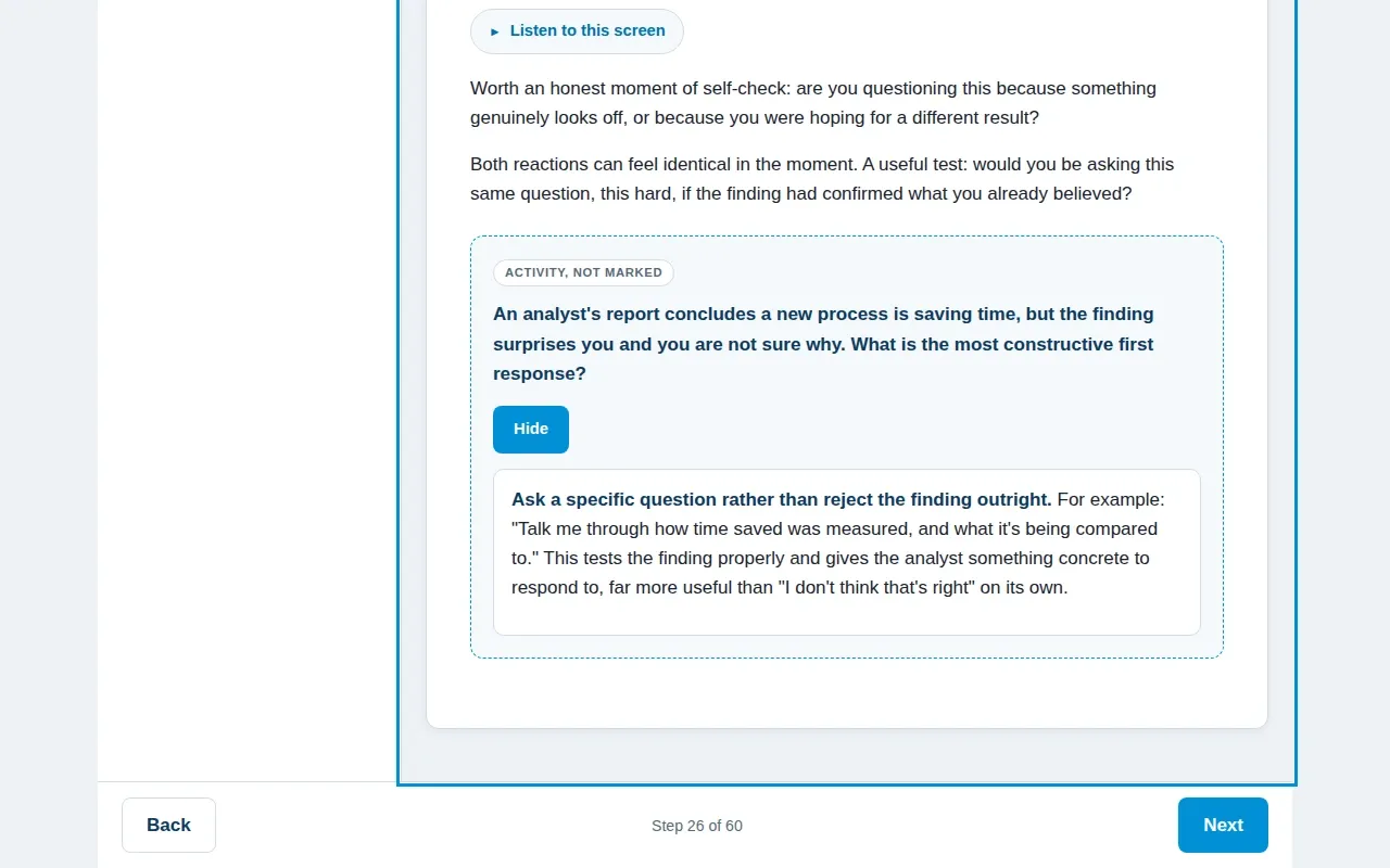Data Literacy for Managers course screen: an interaction from the course