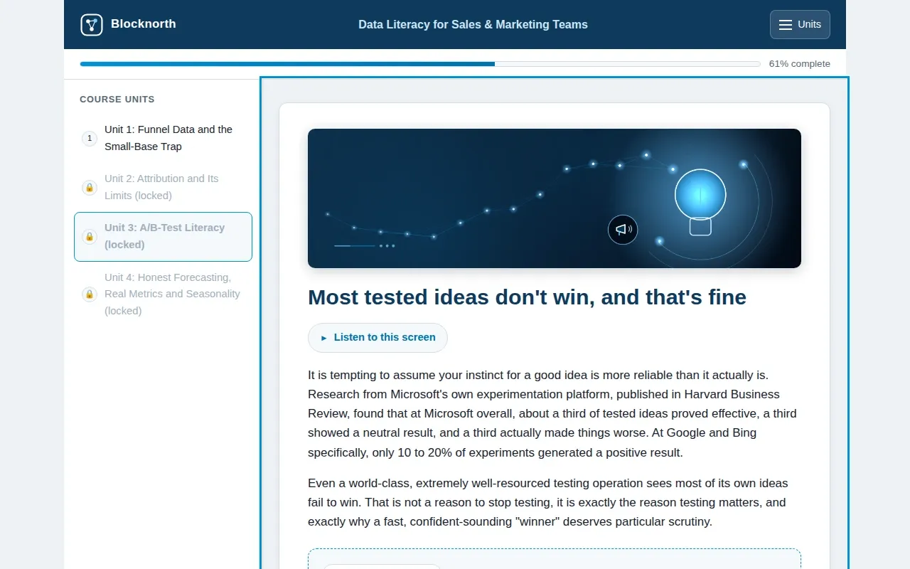Data Literacy for Sales & Marketing Teams course screen: an interaction from the course