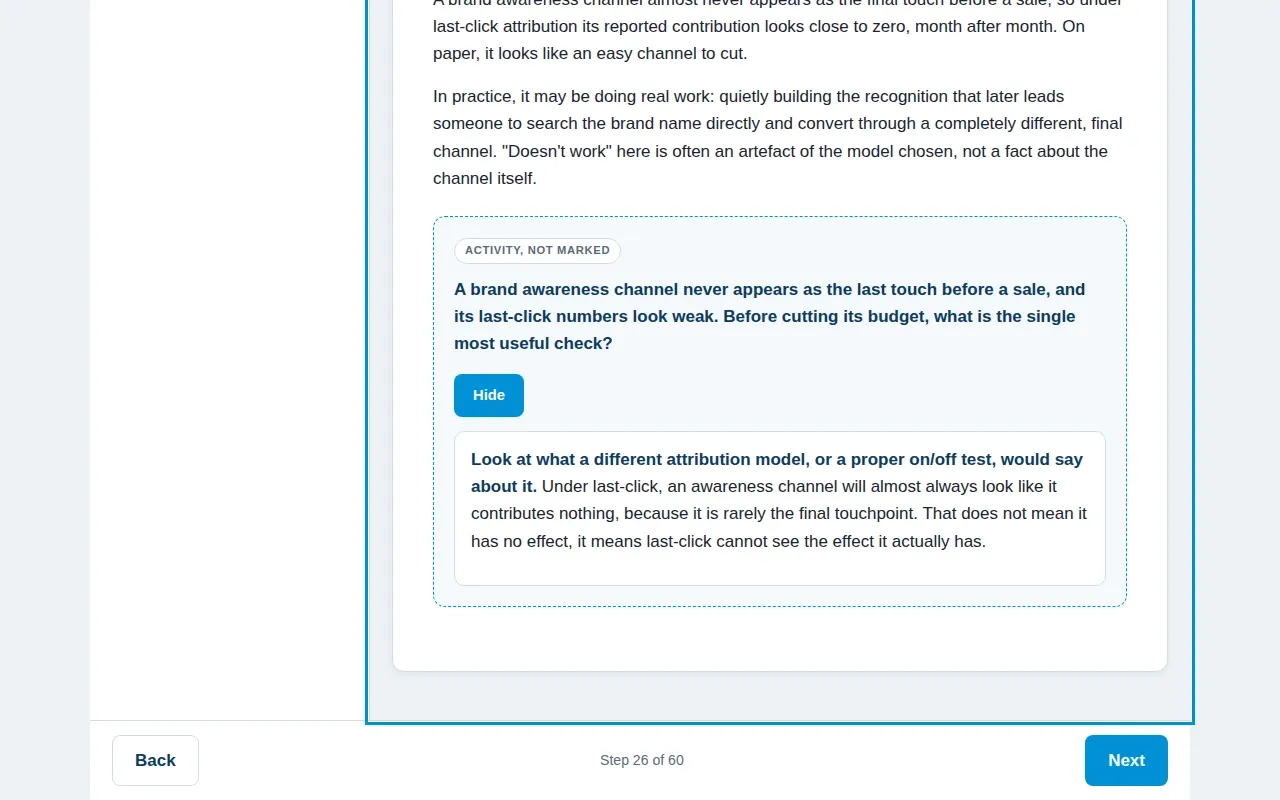 Data Literacy for Sales & Marketing Teams course screen: an interaction from the course