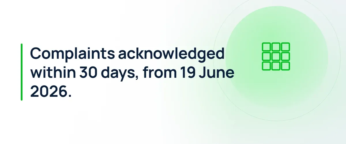 Complaints acknowledged within 30 days, from 19 June 2026.