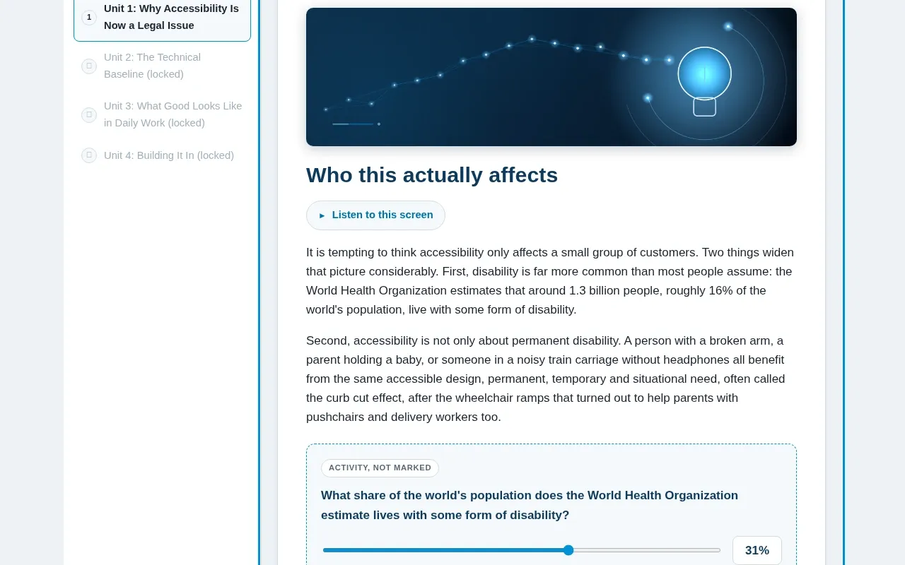 Digital Accessibility for Business 101: What the Law Now Requires course screen: an interaction from the course