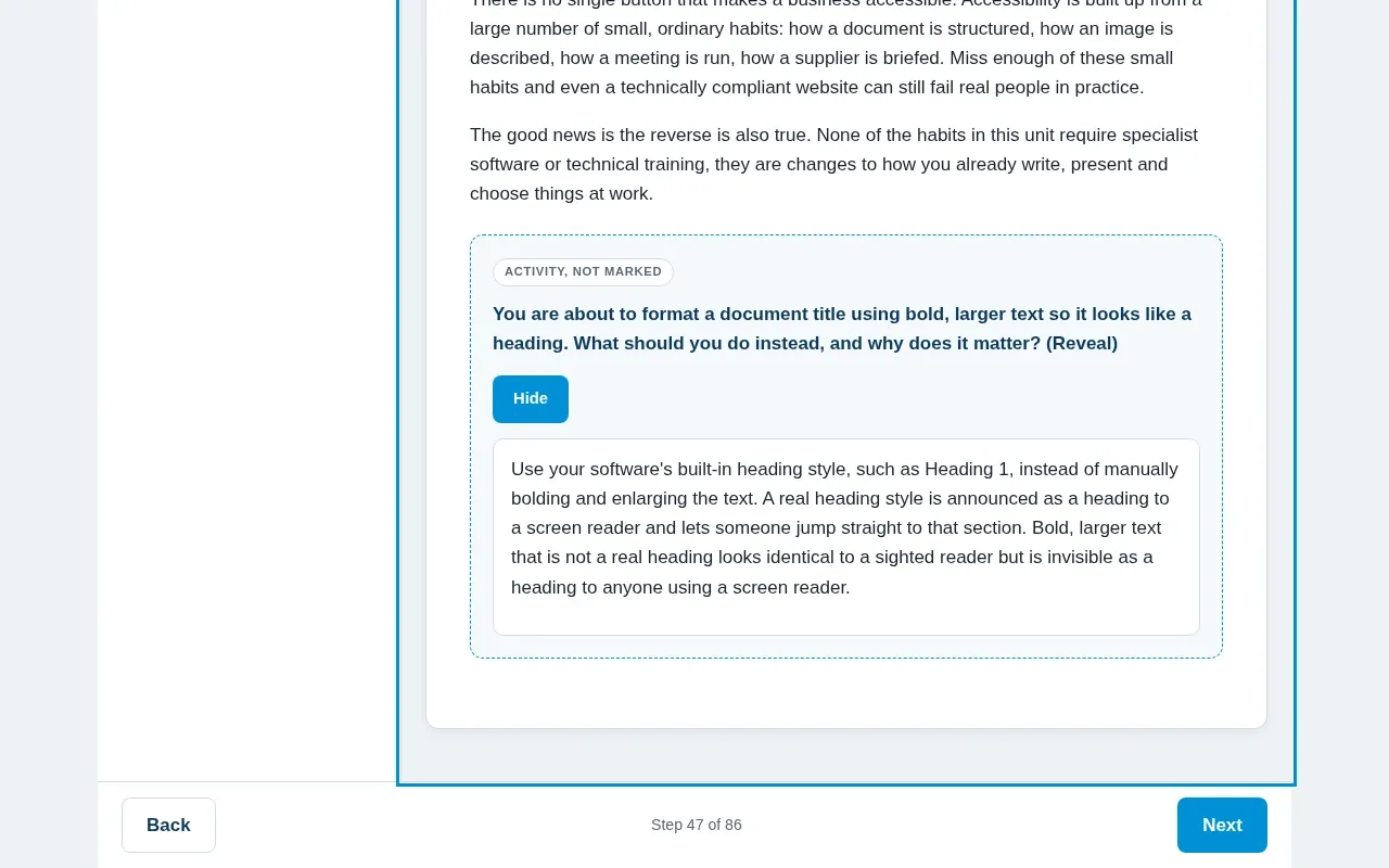 Digital Accessibility for Business 101: What the Law Now Requires course screen: an interaction from the course