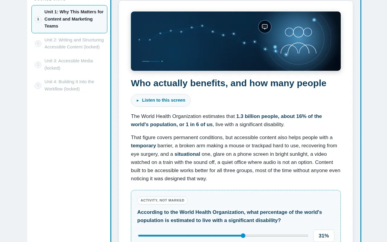 Digital Accessibility for Content & Marketing Teams course screen: an interaction from the course