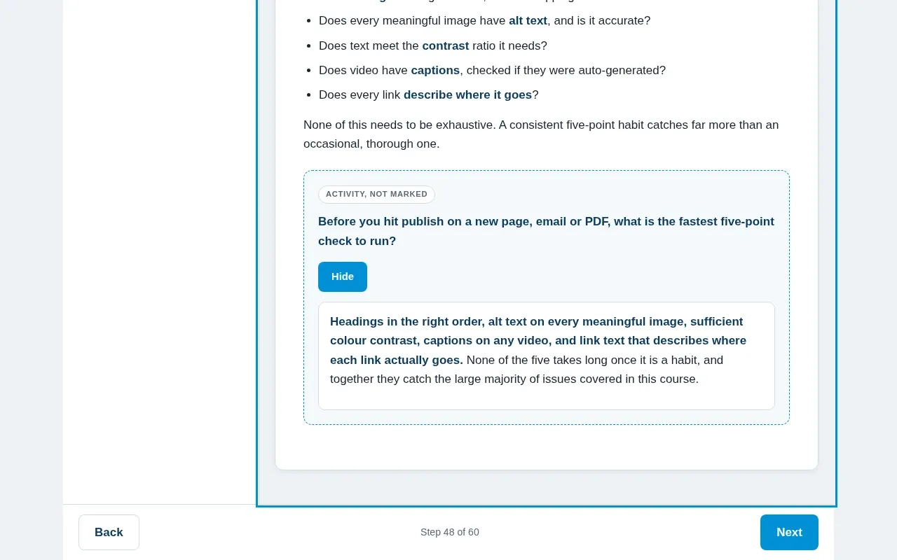 Digital Accessibility for Content & Marketing Teams course screen: an interaction from the course