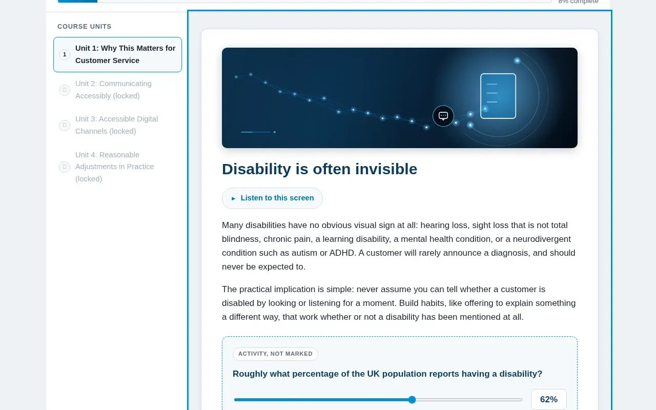 Digital Accessibility for Customer Service Teams course screen: an interaction from the course
