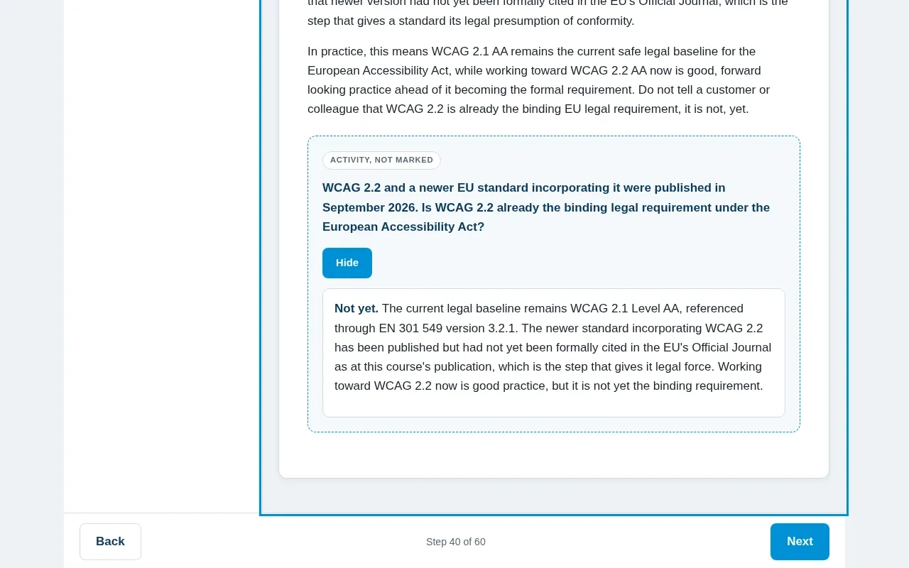 Digital Accessibility for Customer Service Teams course screen: an interaction from the course