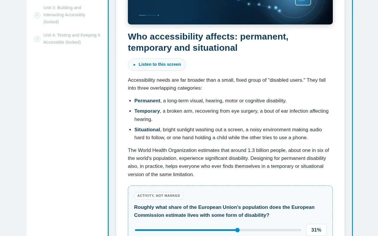 Digital Accessibility for Designers & Developers course screen: an interaction from the course