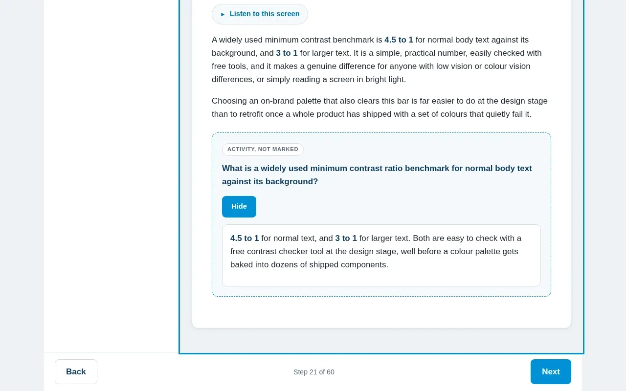 Digital Accessibility for Designers & Developers course screen: an interaction from the course