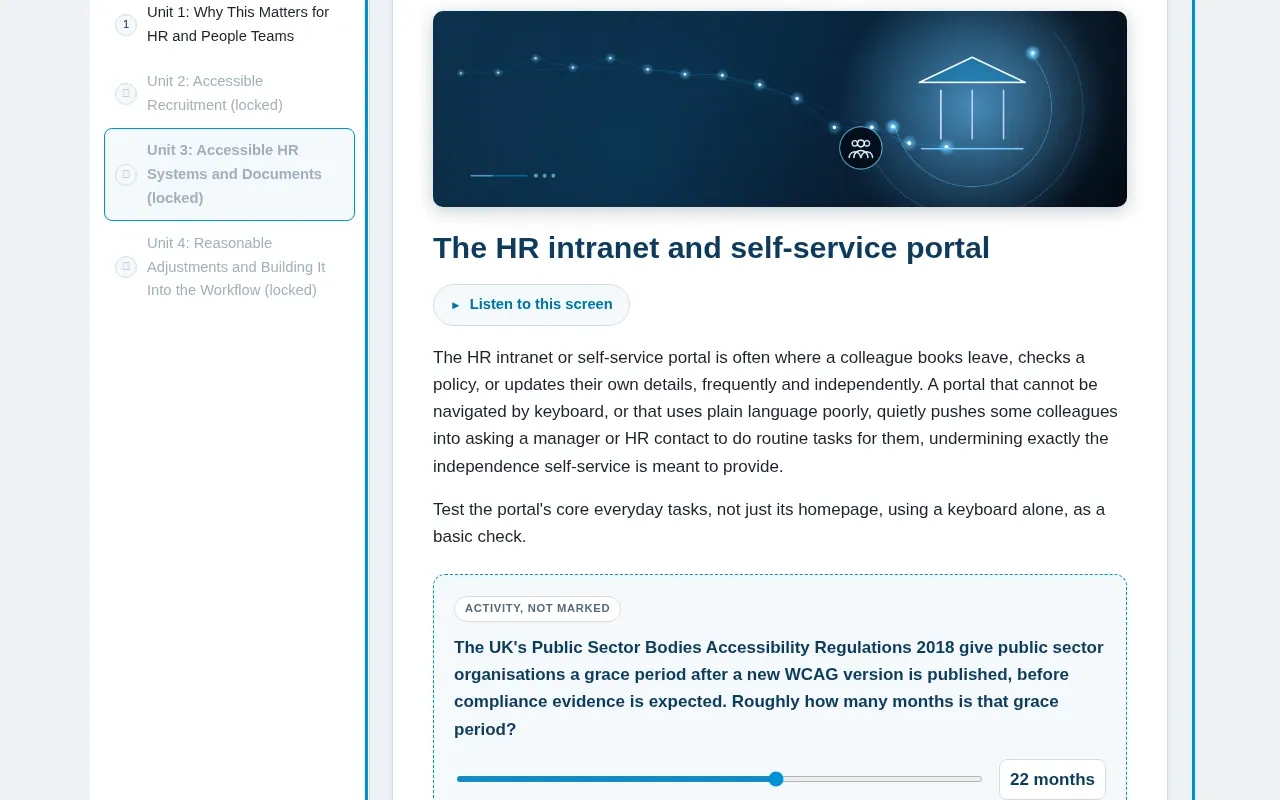 Digital Accessibility for HR & People Teams course screen: an interaction from the course