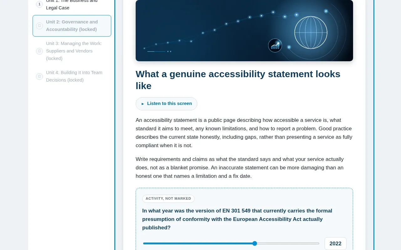Digital Accessibility for Managers & Leaders course screen: an interaction from the course