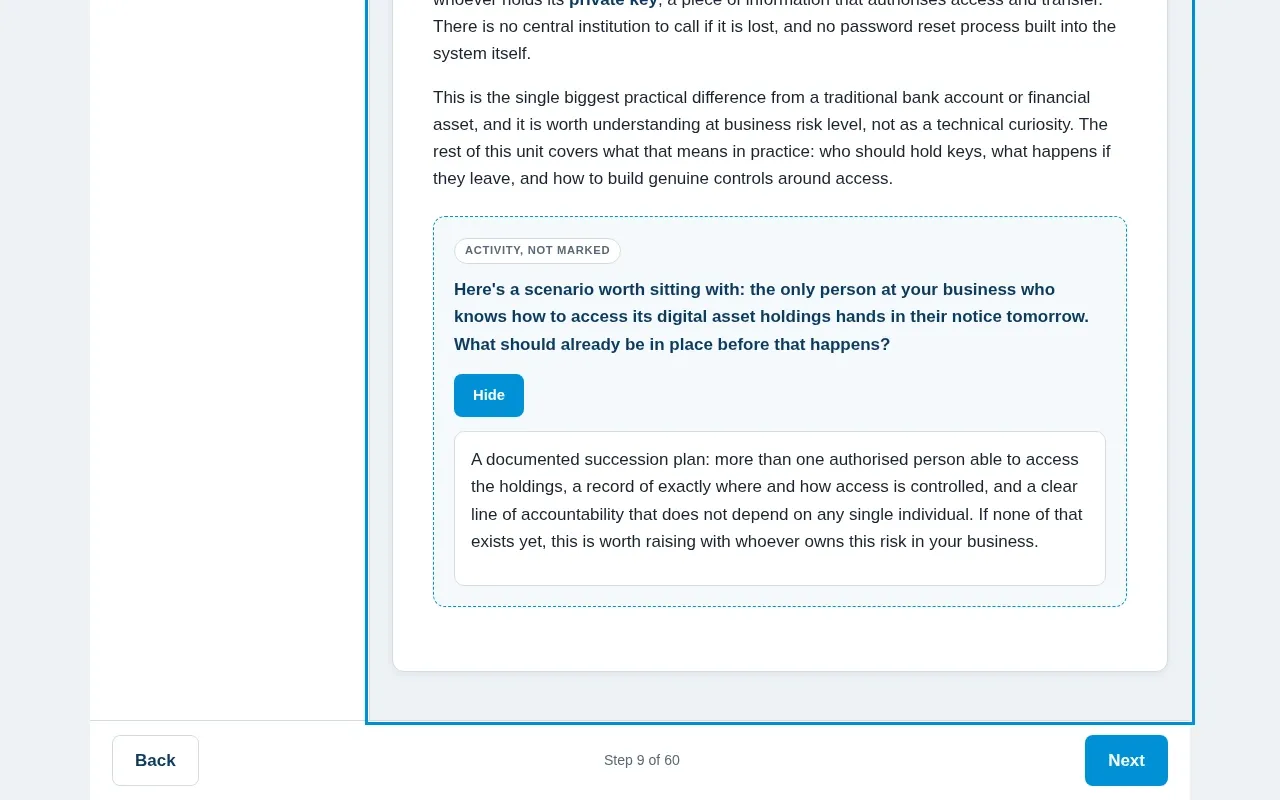 Digital Asset Risk & Compliance for Business course screen: an interaction from the course