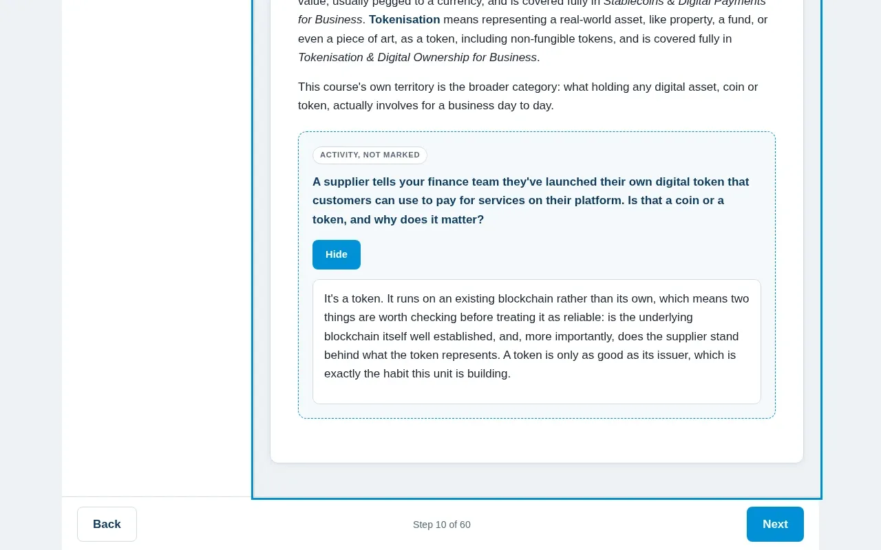 Digital Assets & Cryptocurrency for Business course screen: an interaction from the course