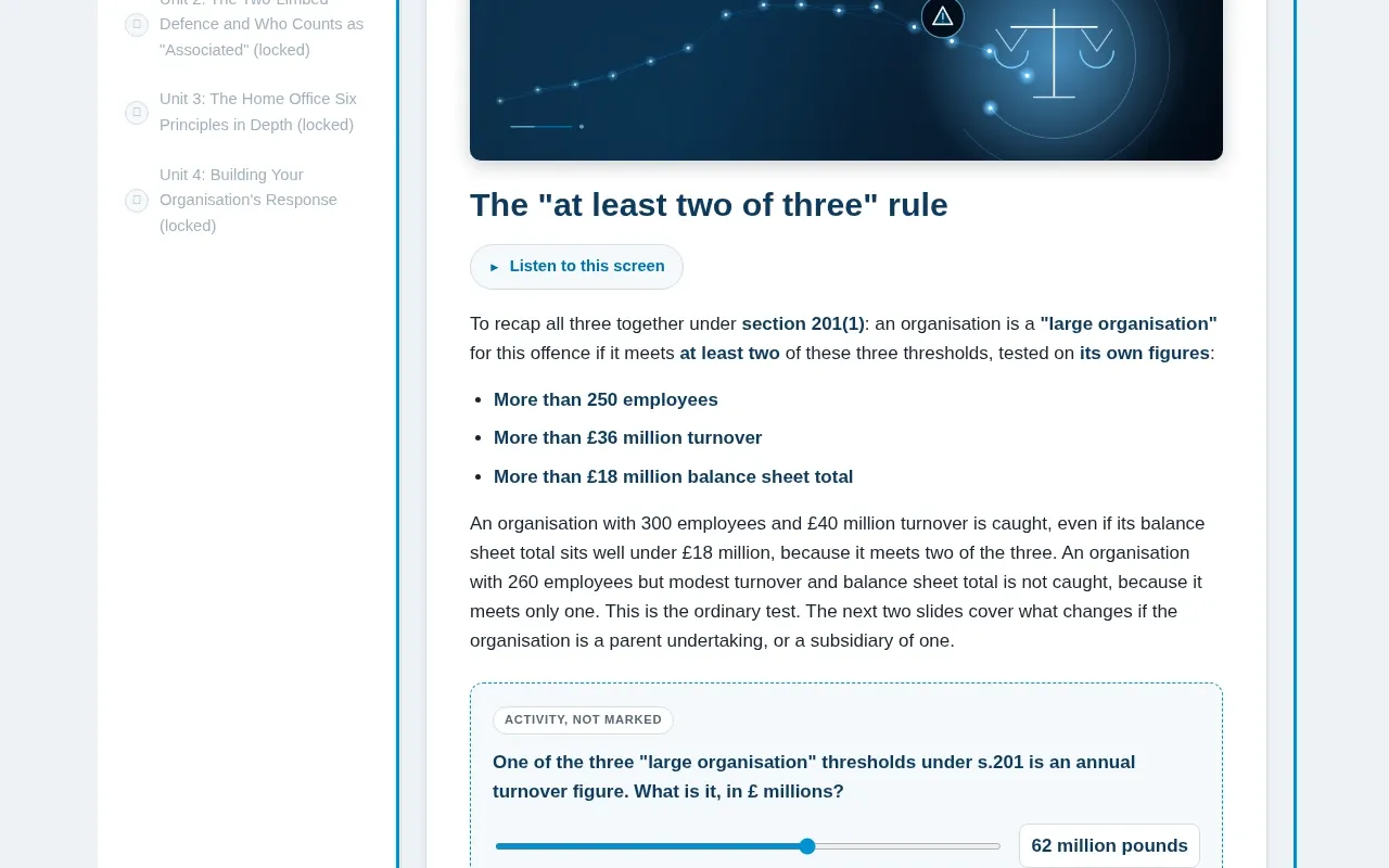 Failure to Prevent Fraud: The UK's New Corporate Crime course screen: an interaction from the course