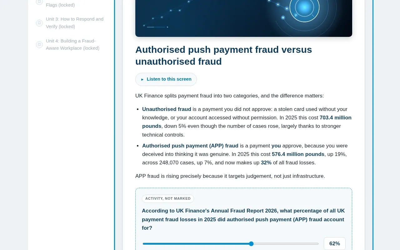 Fraud Prevention for Business 101: Spotting It Before It Costs You course screen: an interaction from the course