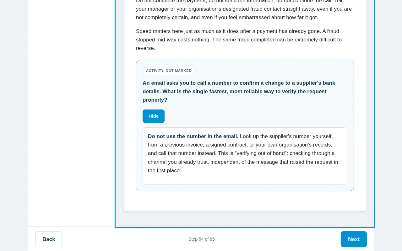 Fraud Prevention for Business 101: Spotting It Before It Costs You course screen: an interaction from the course
