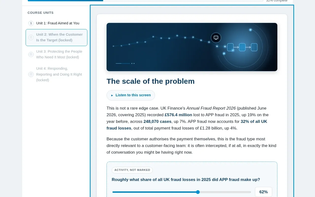 Fraud Prevention for Customer Service Teams course screen: an interaction from the course