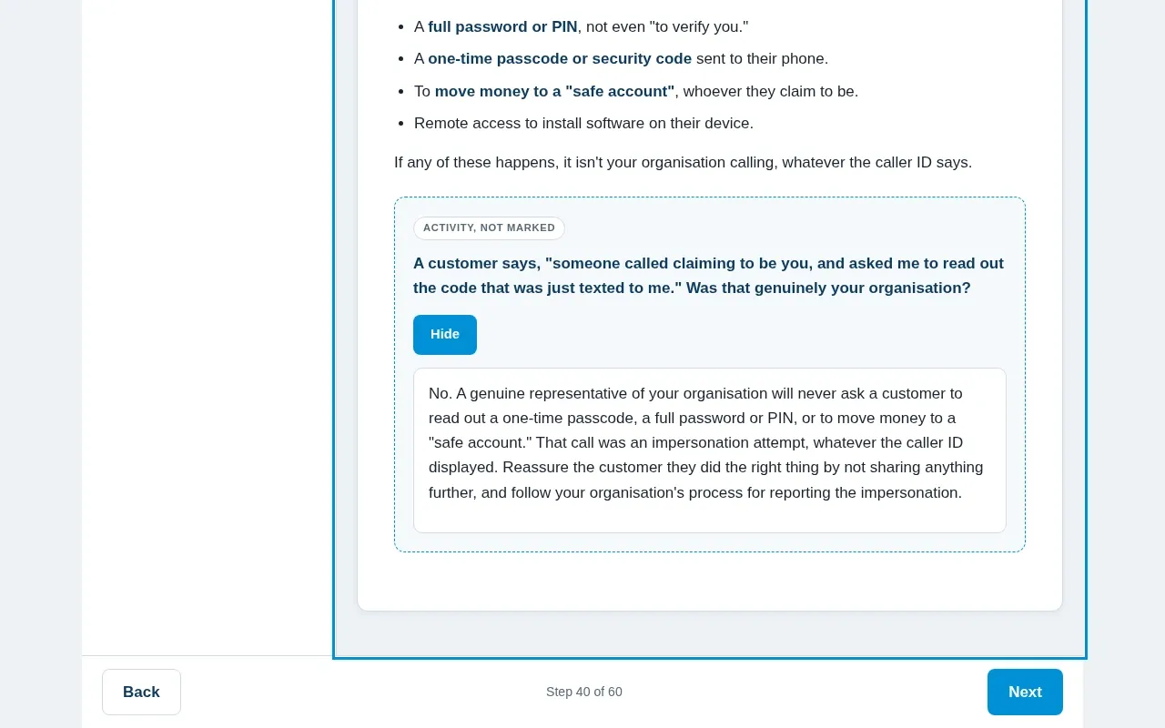 Fraud Prevention for Customer Service Teams course screen: an interaction from the course