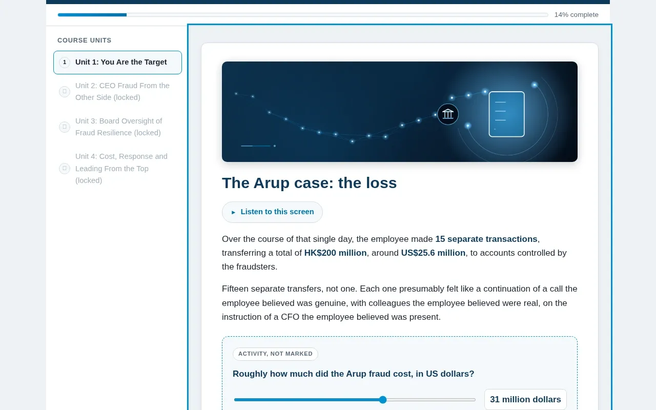 Fraud Prevention for Executives & Board course screen: an interaction from the course
