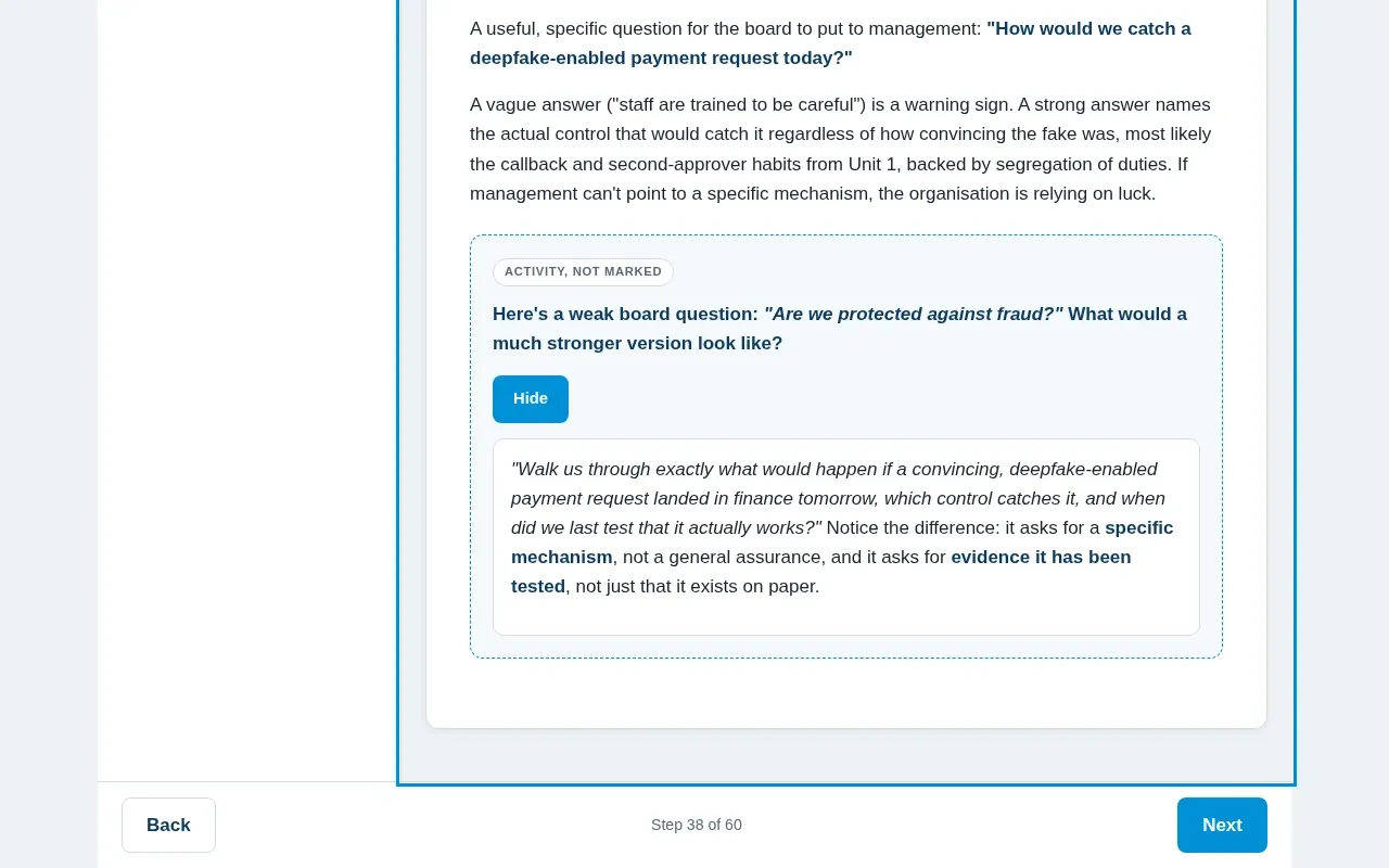 Fraud Prevention for Executives & Board course screen: an interaction from the course