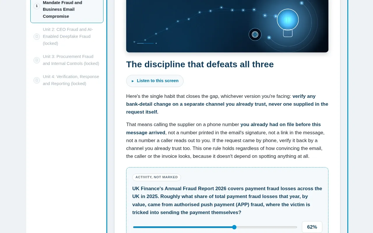 Fraud Prevention for Finance & Accounting course screen: an interaction from the course