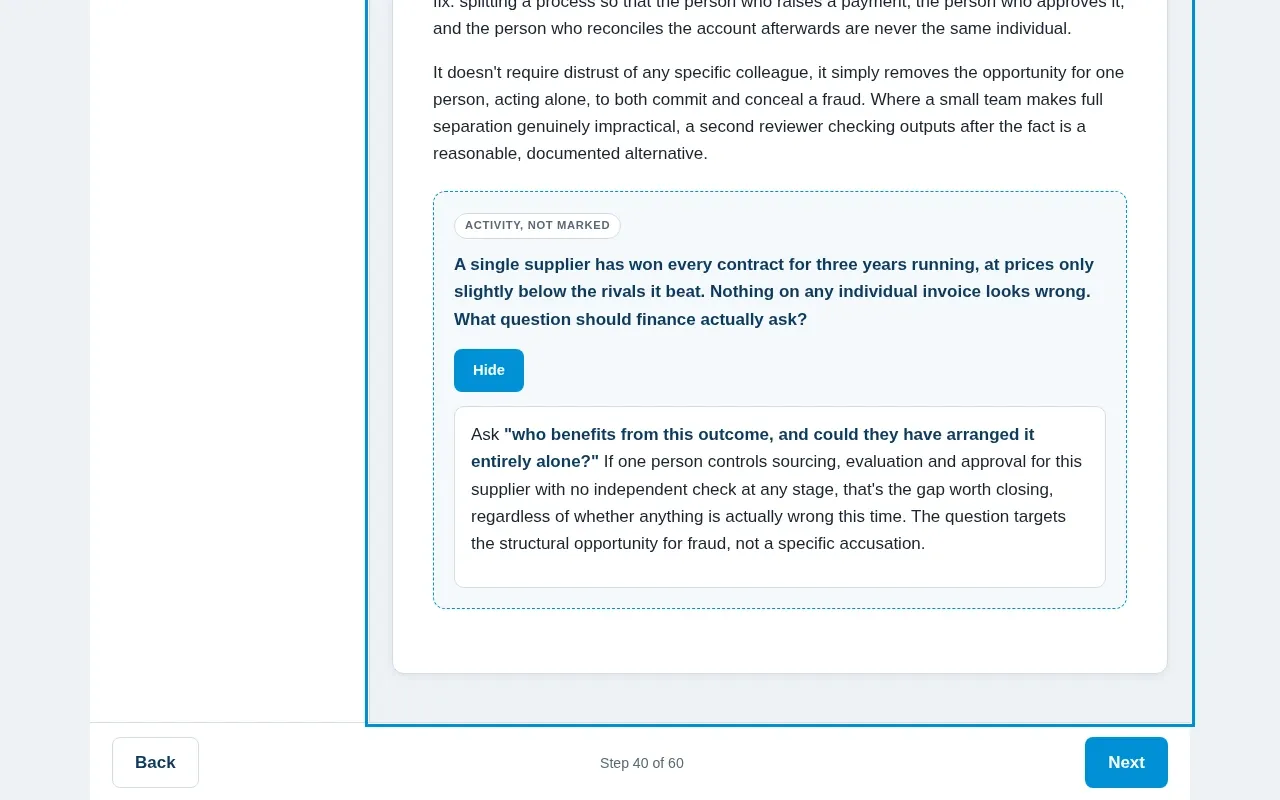 Fraud Prevention for Finance & Accounting course screen: an interaction from the course