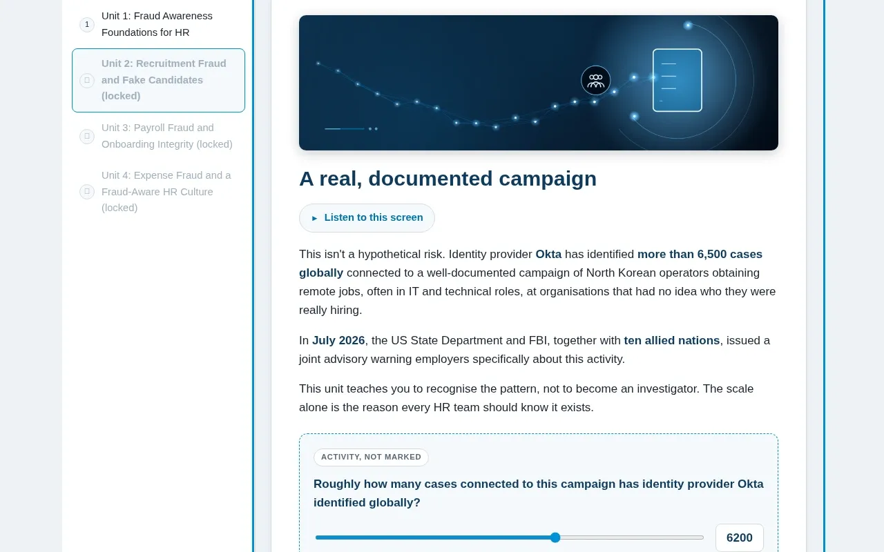 Fraud Prevention for HR & People Teams course screen: an interaction from the course