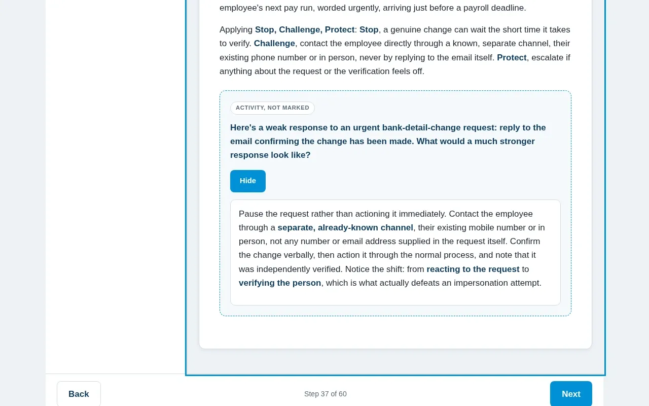 Fraud Prevention for HR & People Teams course screen: an interaction from the course