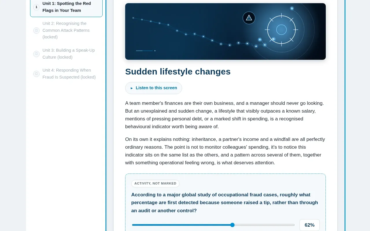 Fraud Prevention for Managers & Leaders course screen: an interaction from the course
