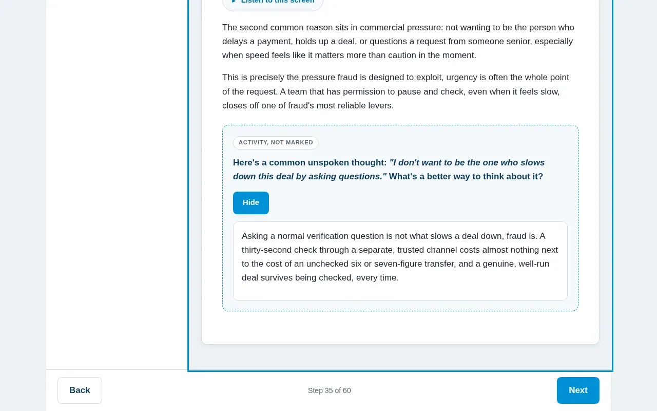 Fraud Prevention for Managers & Leaders course screen: an interaction from the course