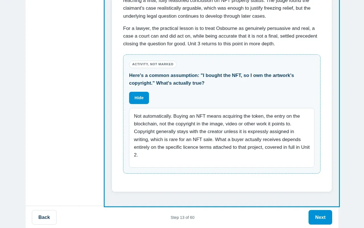Introduction to Non-fungible Tokens for Law (NFTs) course screen: an interaction from the course