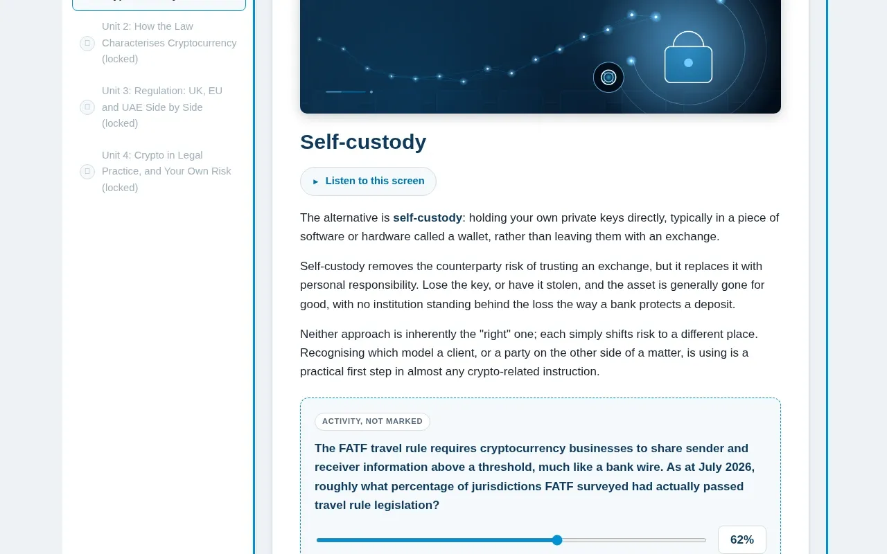Introduction to the Cryptocurrency for Law course screen: an interaction from the course