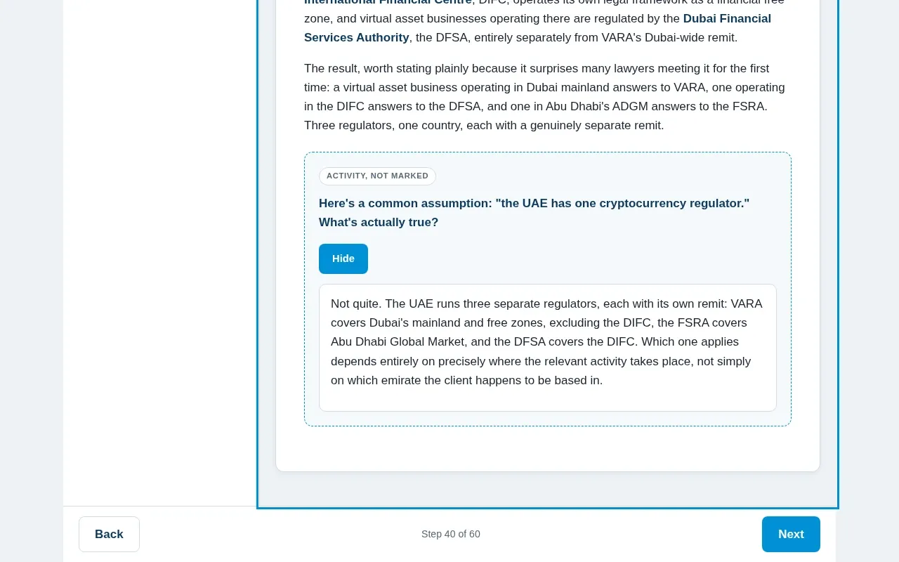 Introduction to the Cryptocurrency for Law course screen: an interaction from the course