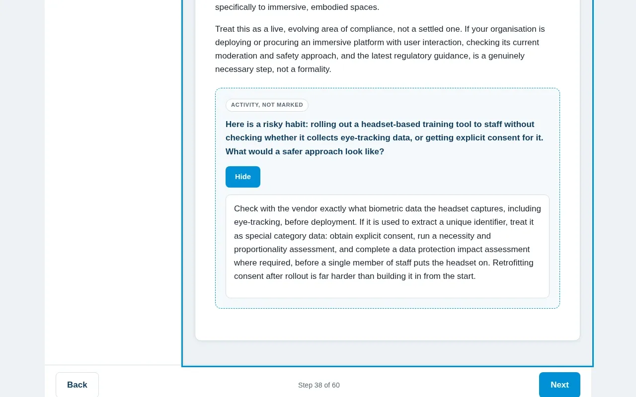 Introduction to the Metaverse 101 course screen: an interaction from the course