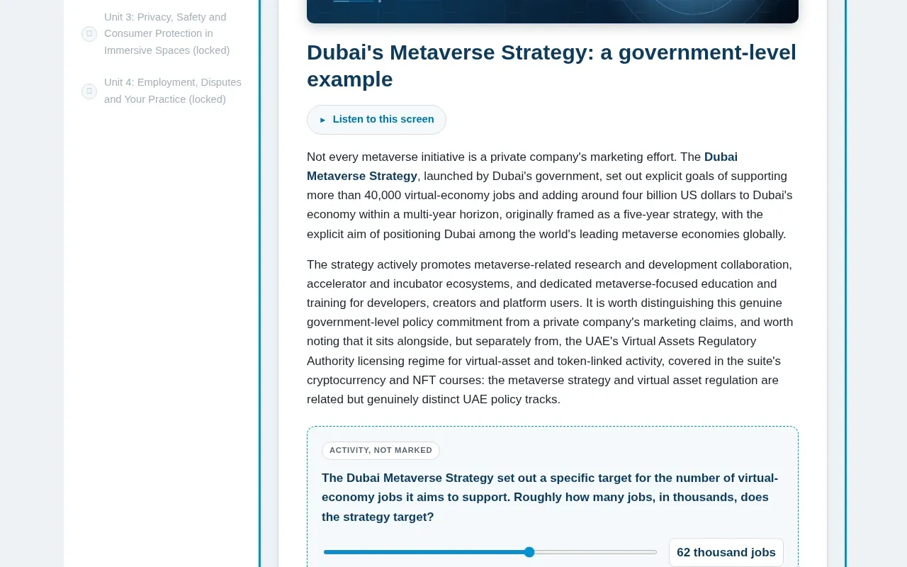 Introduction to the Metaverse for Law course screen: an interaction from the course