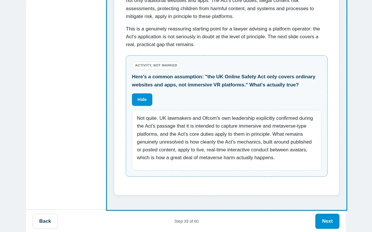 Introduction to the Metaverse for Law course screen: an interaction from the course