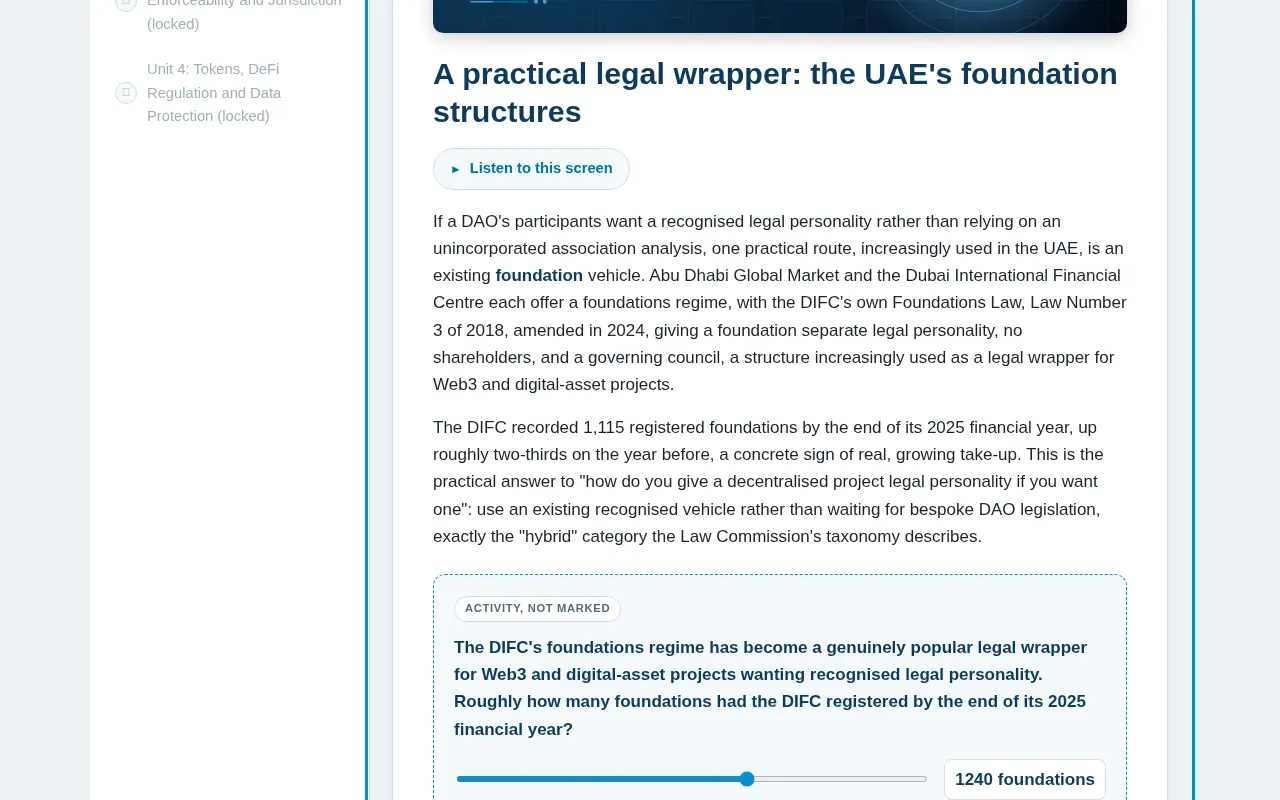 Introduction to Web 3.0 for Law course screen: an interaction from the course