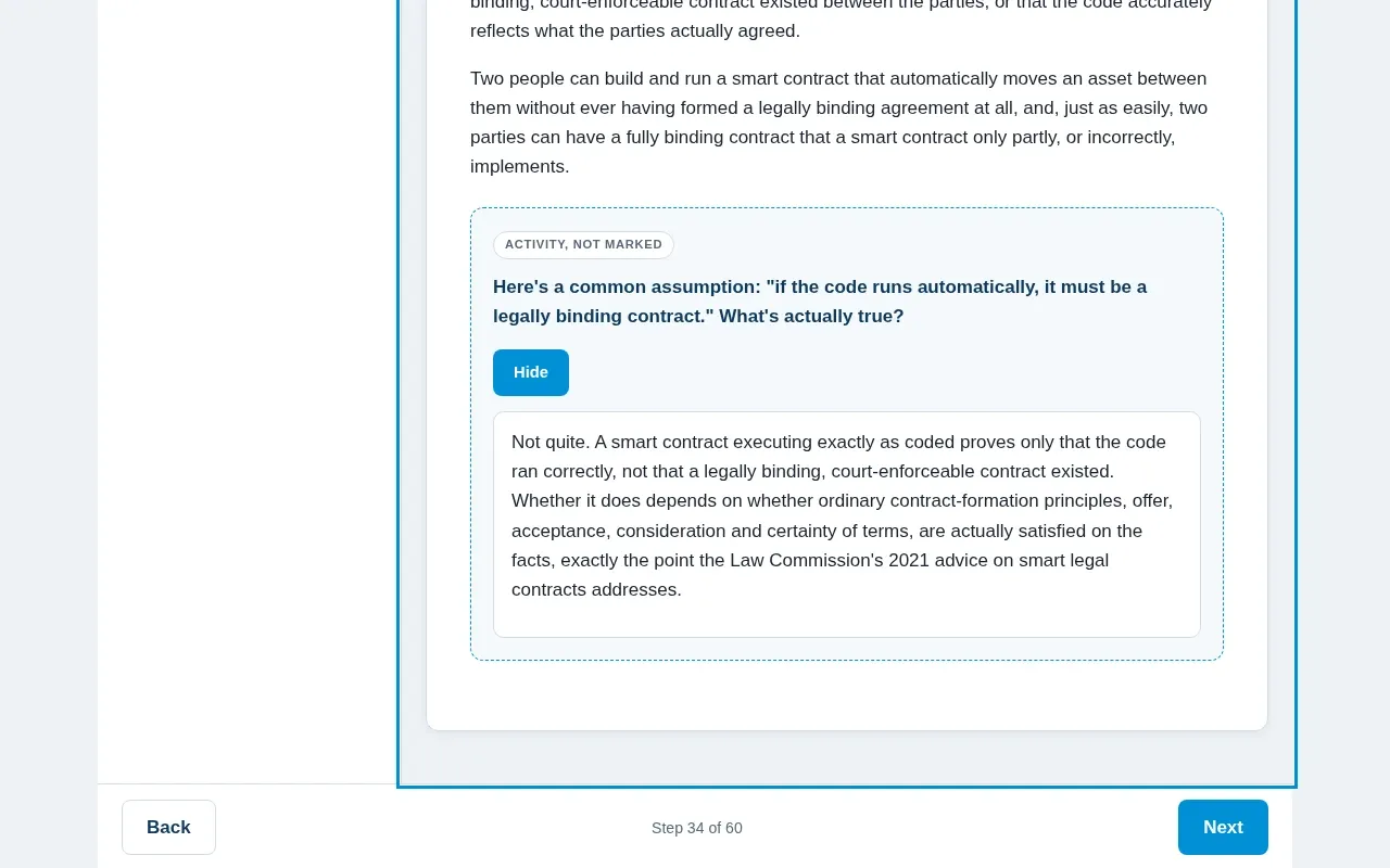 Introduction to Web 3.0 for Law course screen: an interaction from the course