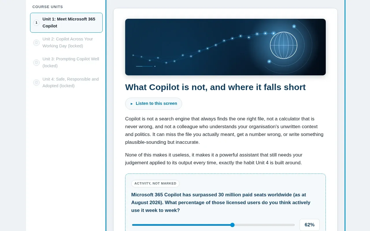 Microsoft 365 Copilot for Business 101 course screen: an interaction from the course