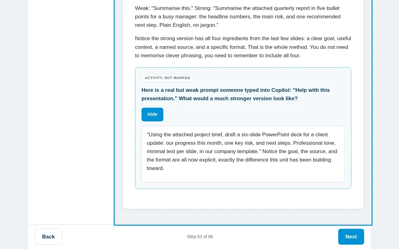 Microsoft 365 Copilot for Business 101 course screen: an interaction from the course