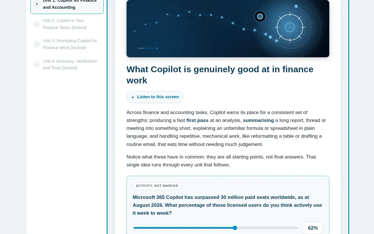 Microsoft 365 Copilot for Finance & Accounting course screen: an interaction from the course
