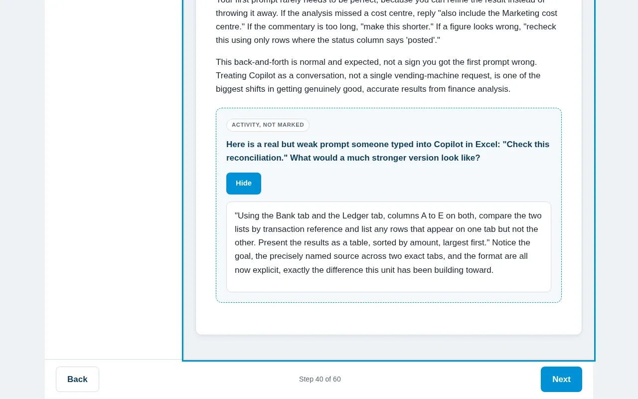 Microsoft 365 Copilot for Finance & Accounting course screen: an interaction from the course