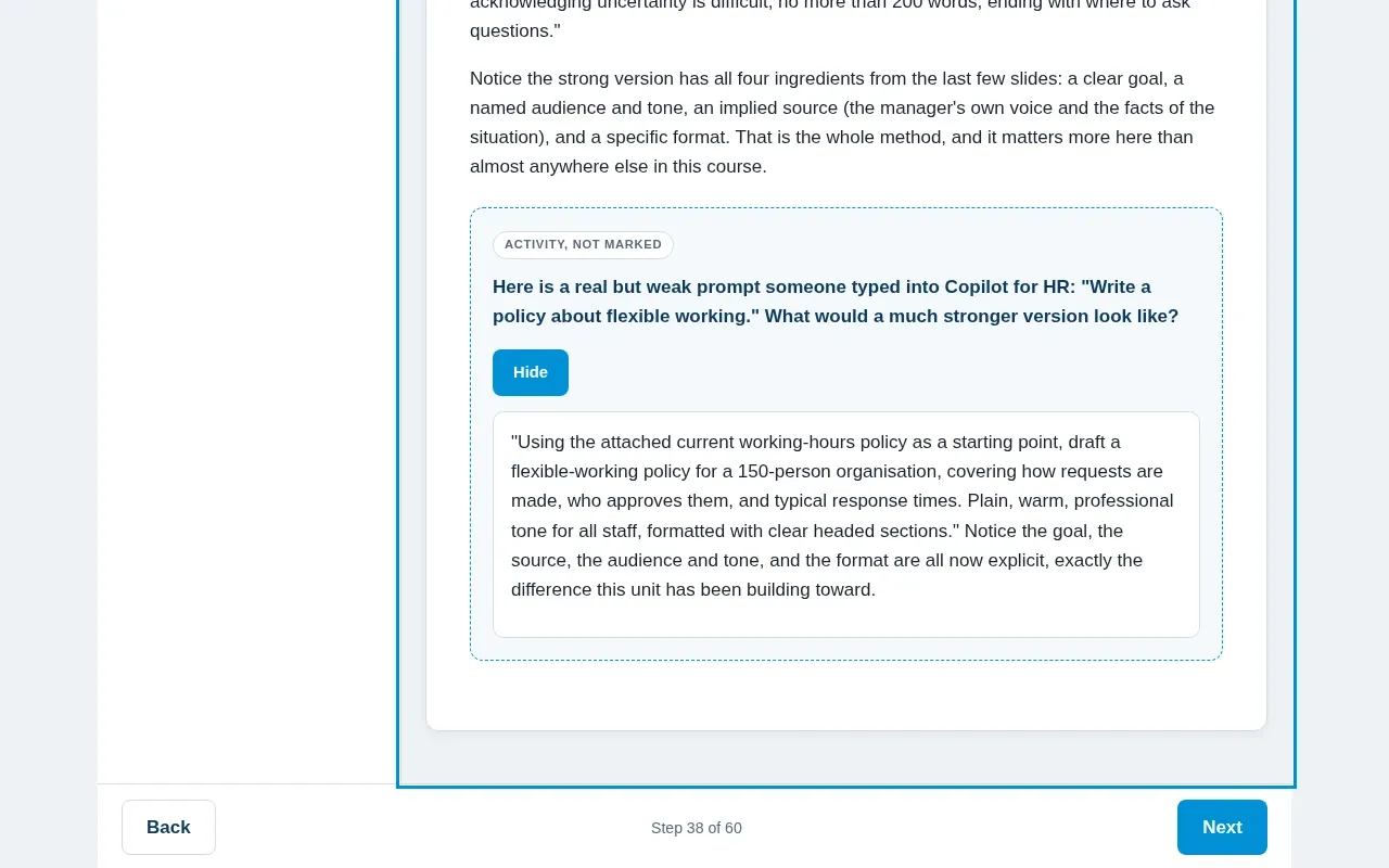Microsoft 365 Copilot for HR & People Teams course screen: an interaction from the course
