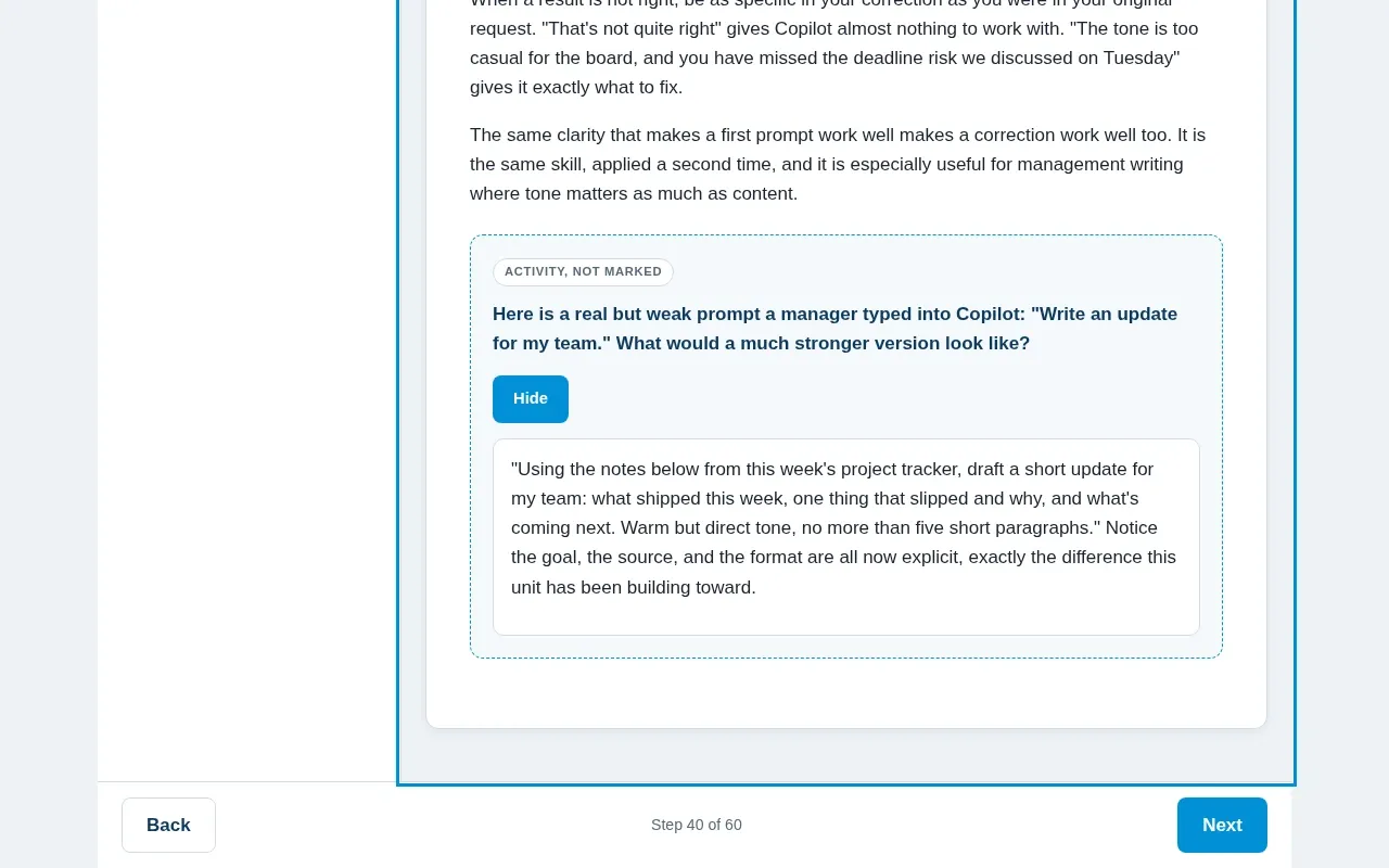 Microsoft 365 Copilot for Managers & Leaders course screen: an interaction from the course